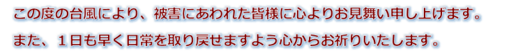 台風により被害にあわれた皆様に心よりお見舞い申し上げます。