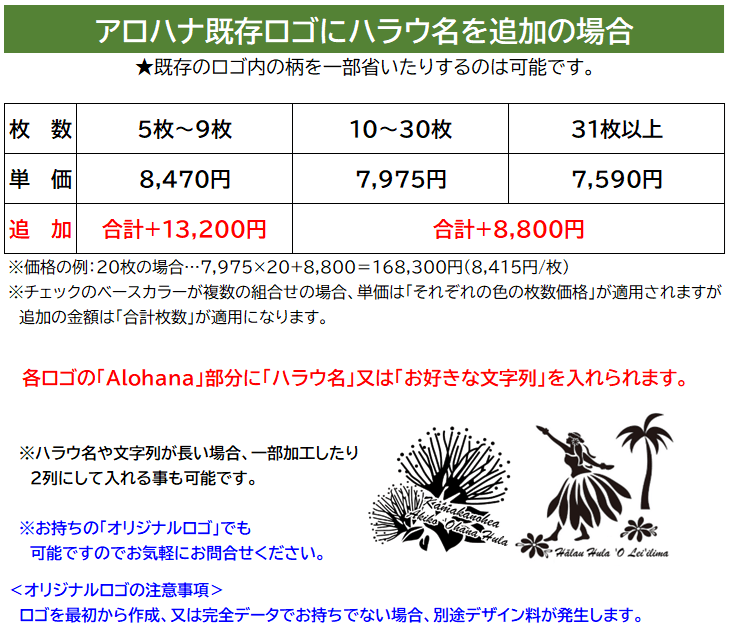 ハラウ名追加やオリジナルロゴの価格